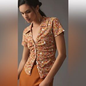 Maeve by Anthropologie Ruched Citrus Print Button Down Top
